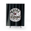 Shower Curtain — “Broke N Bougie” Retro Black Bath Curtain (Humorous Luxe Quote)