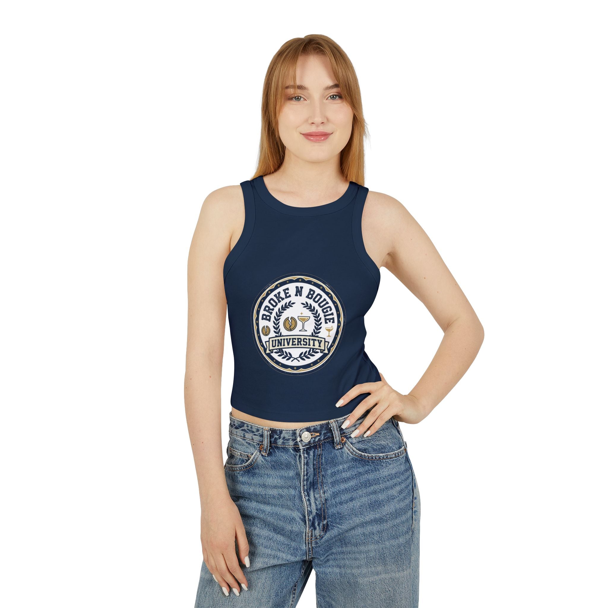 Broken N Bougie University Racer Tank Top — Women's Cropped Graphic Tank