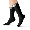 Black Sublimation Socks with Small Round Patch Logo — Custom Athletic Crew Socks