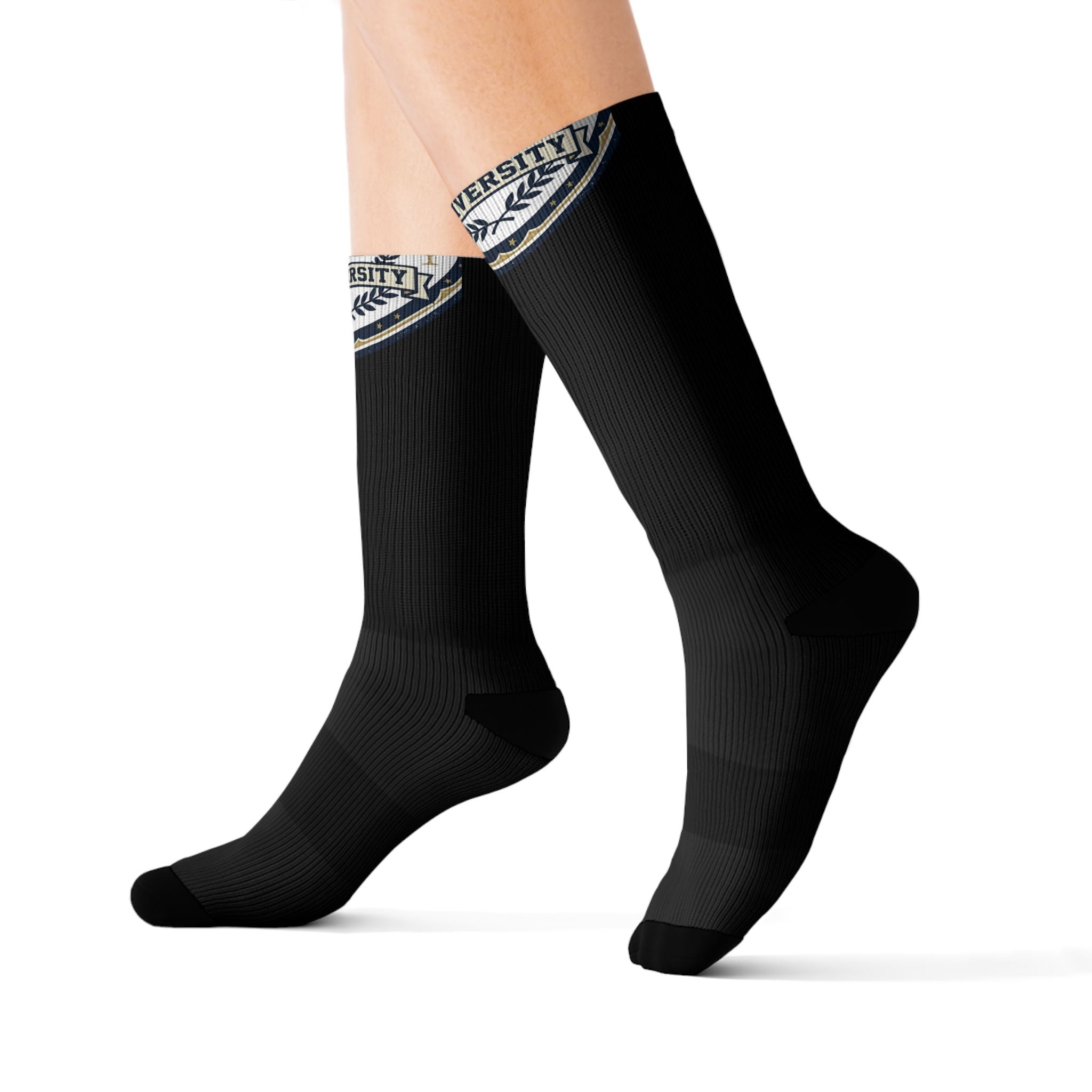 Black Sublimation Socks with Small Round Patch Logo — Custom Athletic Crew Socks