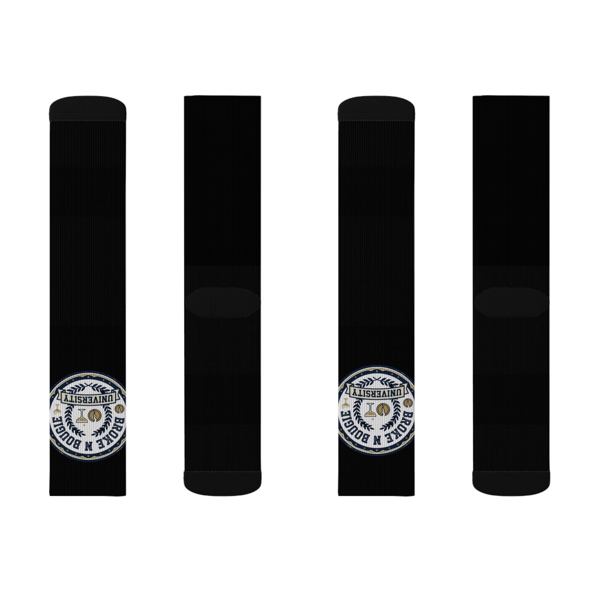 Black Sublimation Socks with Small Round Patch Logo — Custom Athletic Crew Socks