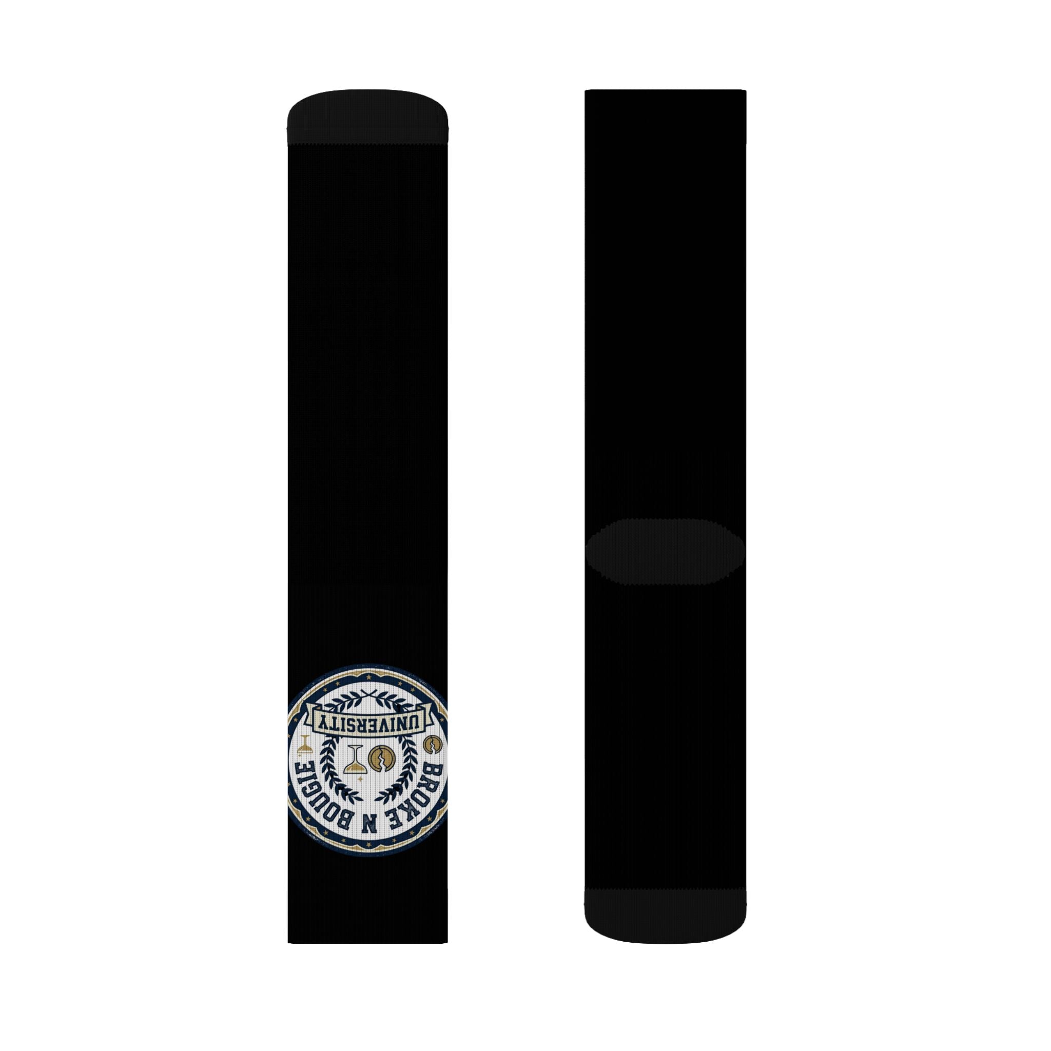 Black Sublimation Socks with Small Round Patch Logo — Custom Athletic Crew Socks