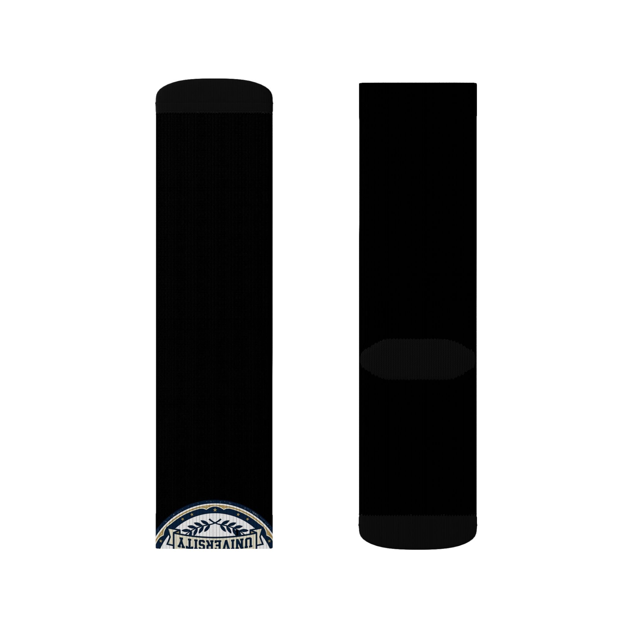 Black Sublimation Socks with Small Round Patch Logo — Custom Athletic Crew Socks