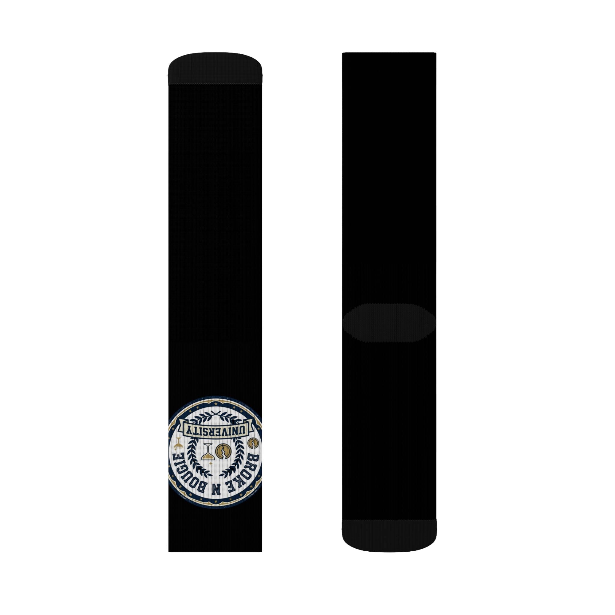 Black Sublimation Socks with Small Round Patch Logo — Custom Athletic Crew Socks