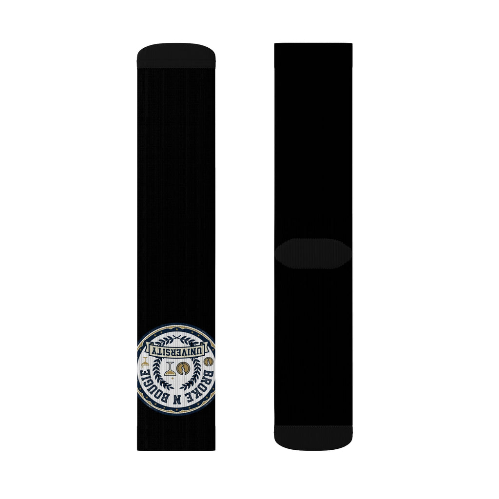 Black Sublimation Socks with Small Round Patch Logo — Custom Athletic Crew Socks