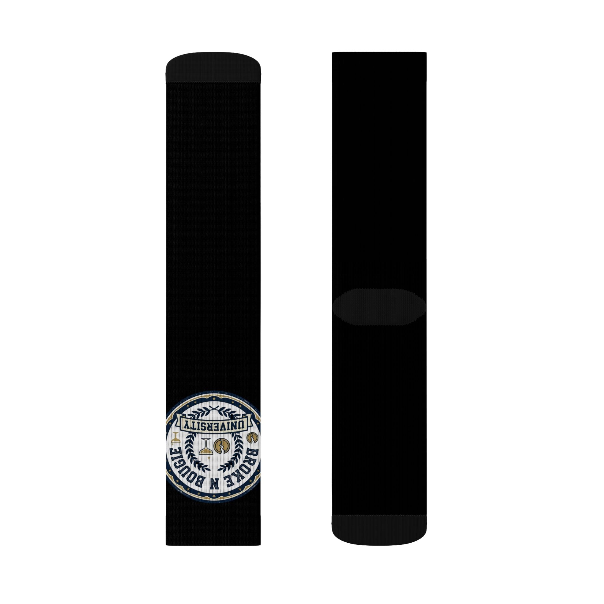 Black Sublimation Socks with Small Round Patch Logo — Custom Athletic Crew Socks