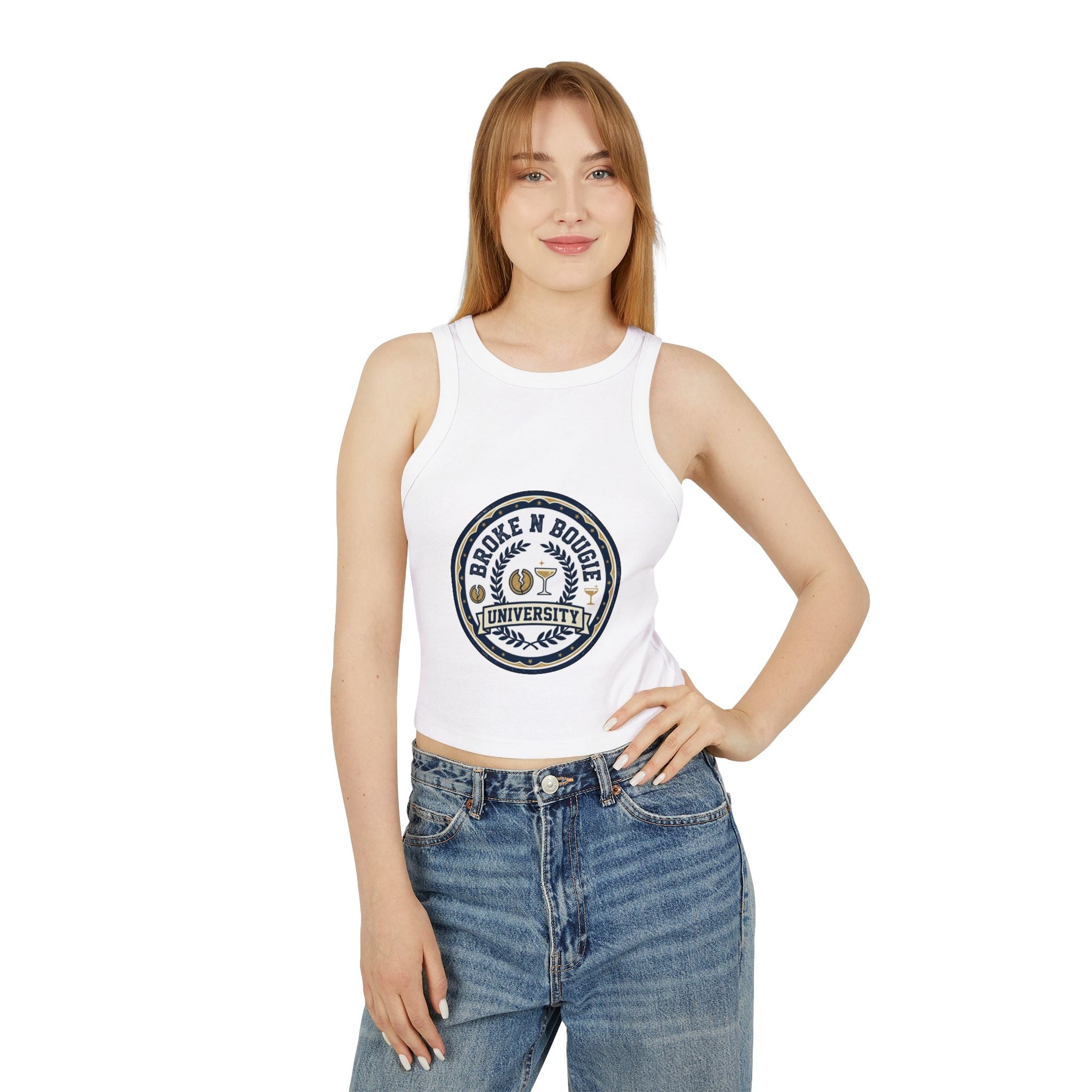 Broken N Bougie University Racer Tank Top — Women's Cropped Graphic Tank
