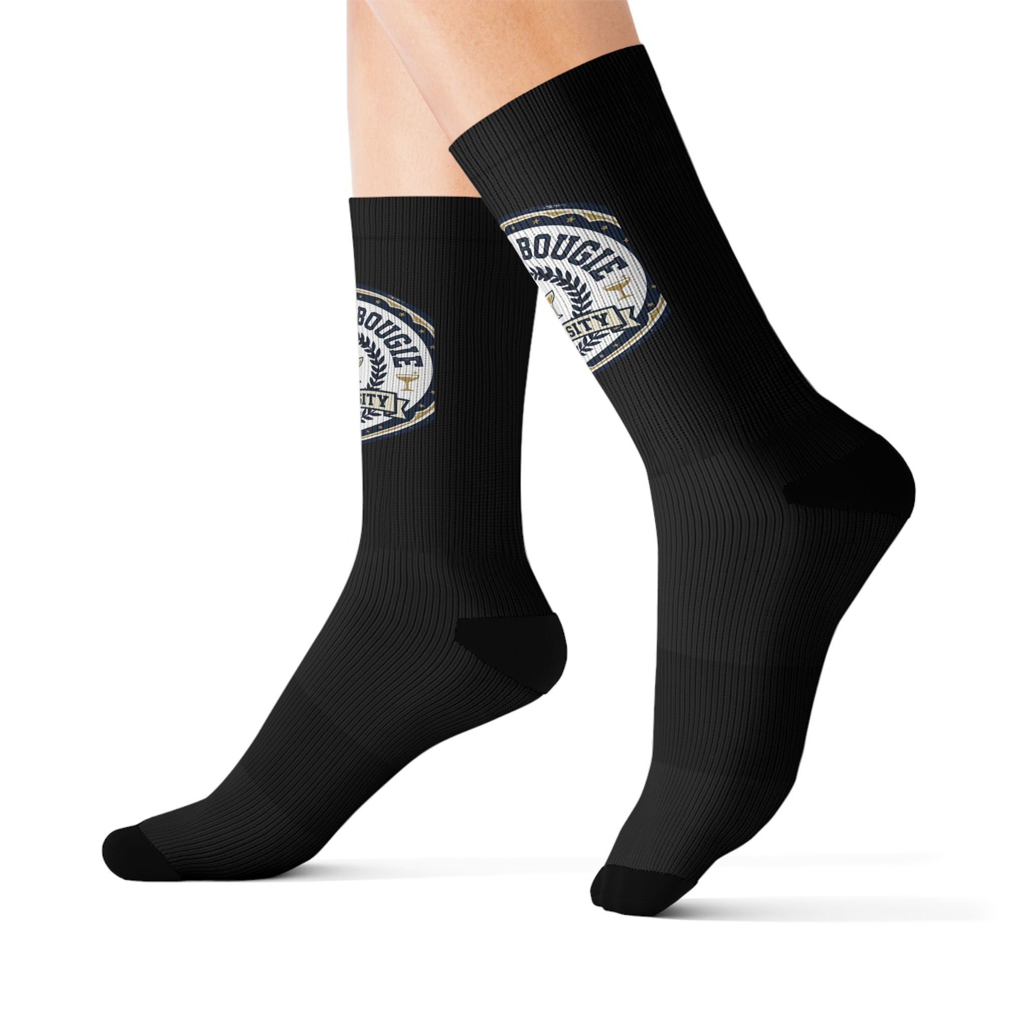 Black Sublimation Socks with Small Round Patch Logo — Custom Athletic Crew Socks