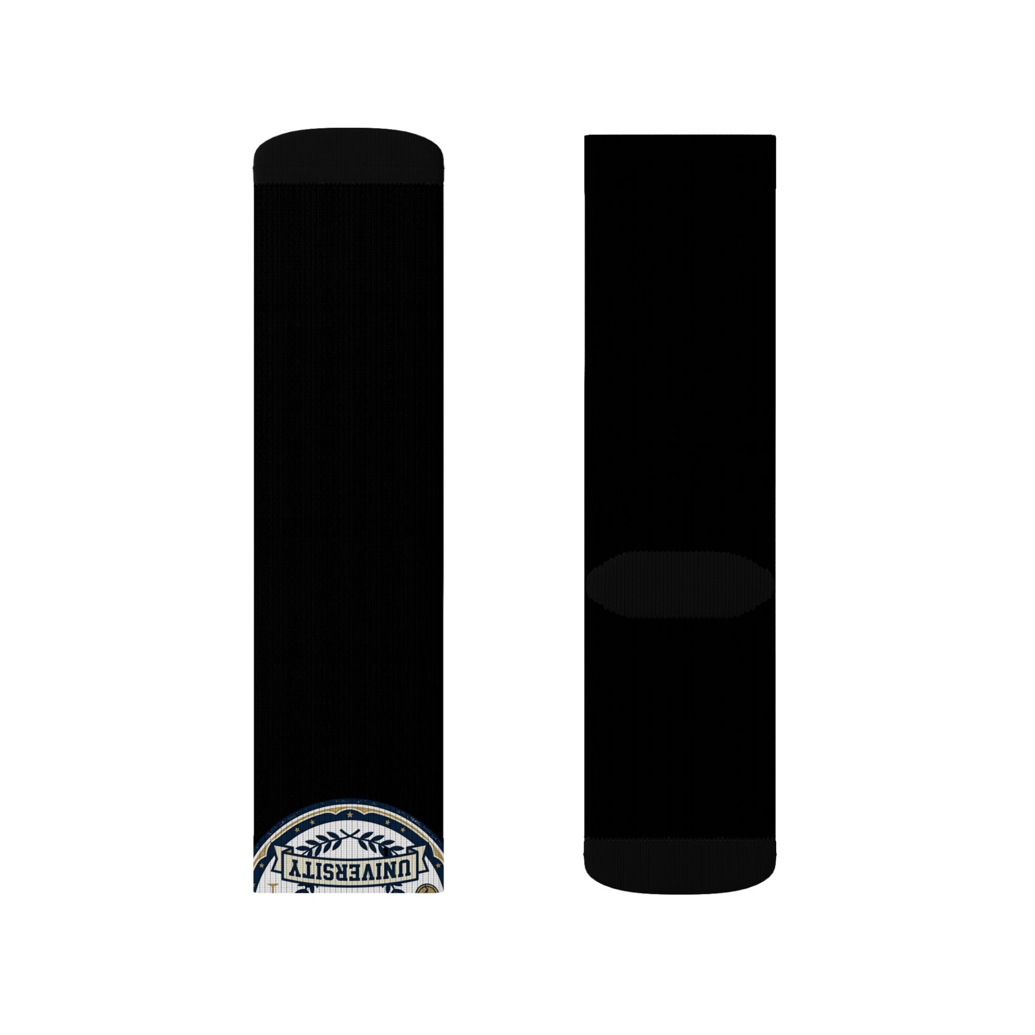 Black Sublimation Socks with Small Round Patch Logo — Custom Athletic Crew Socks